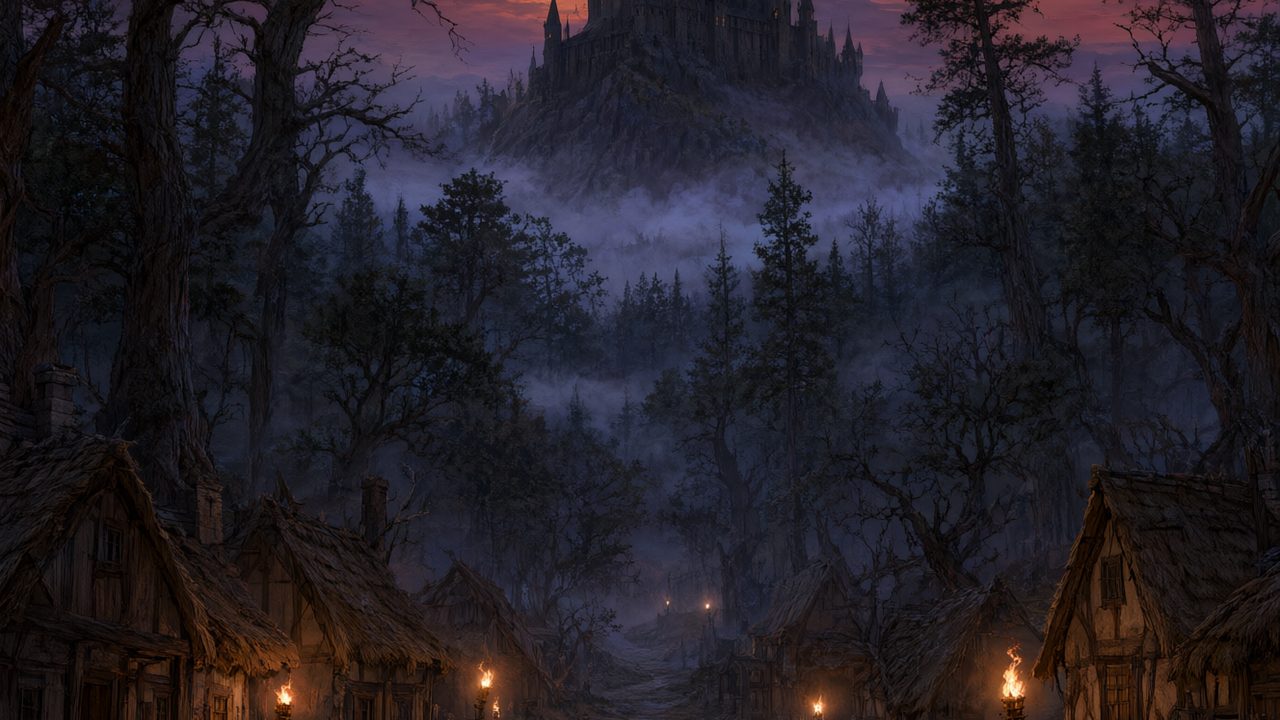 Paisaje medieval de fantasía oscura con castillo y bosque con niebla