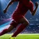 Futbolista corriendo a máxima velocidad por la banda de un estadio nocturno con efecto de desenfoque de movimiento