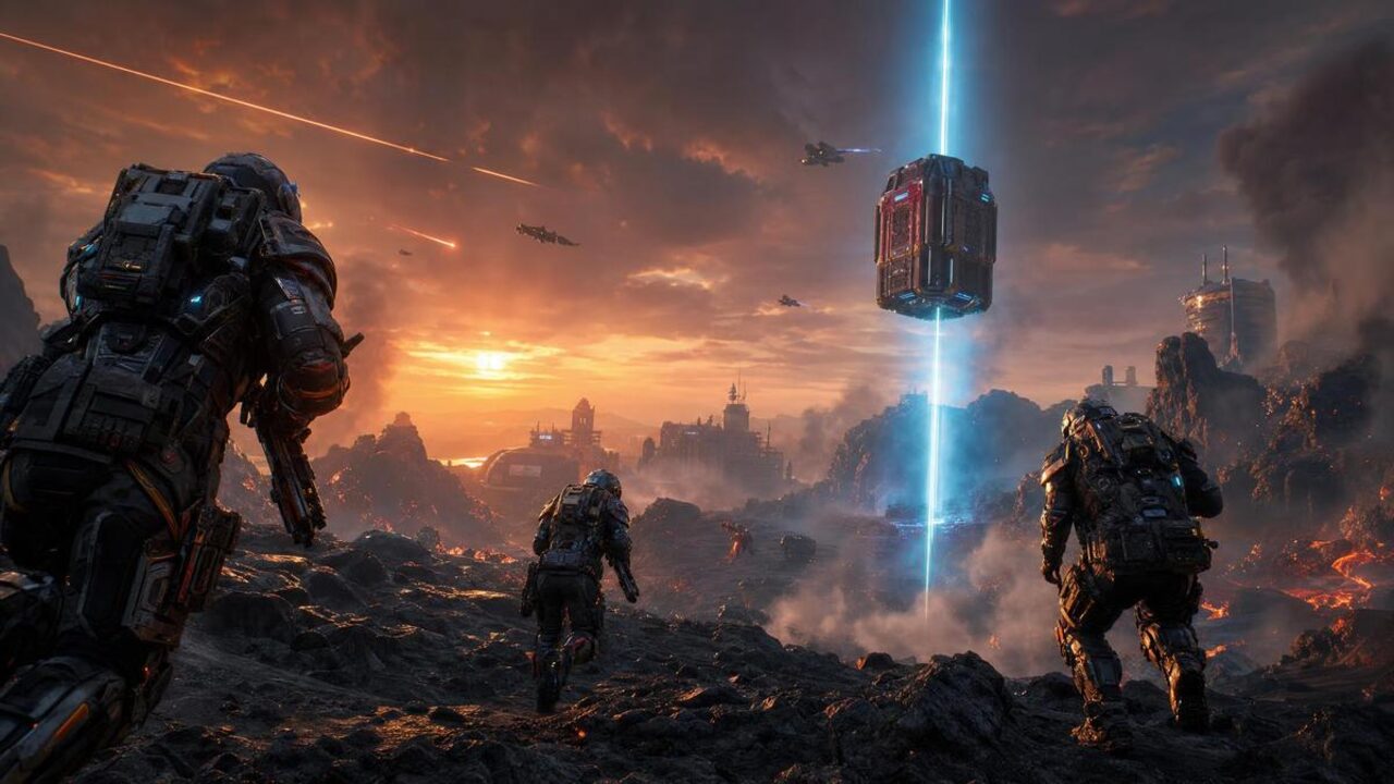 Soldados sci-fi en terreno volcánico con cápsula de suministros - Apex Legends S30 tier list