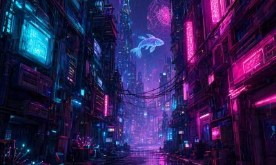 Las mejores builds de Cyberpunk 2077: ciudad futurista con neones bajo la lluvia