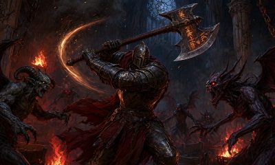 Las mejores builds de Diablo 4: guerrero con hacha luchando contra demonios en una catedral en ruinas