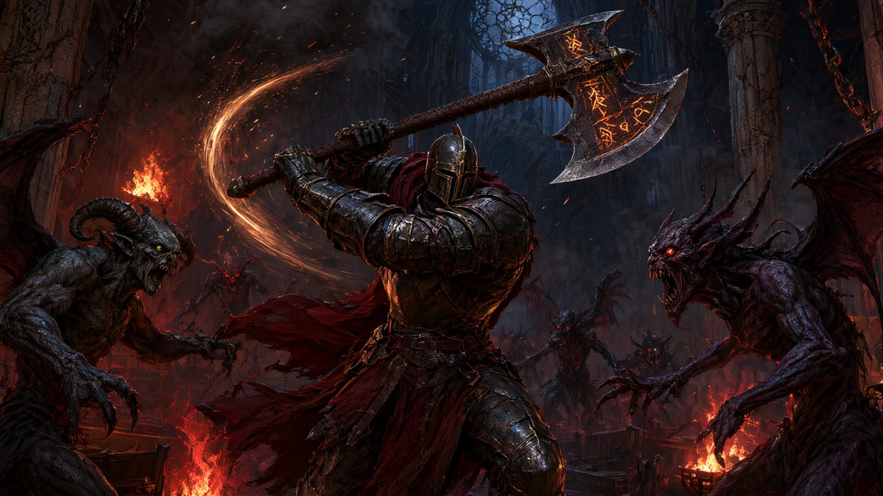 Las mejores builds de Diablo 4: guerrero con hacha luchando contra demonios en una catedral en ruinas