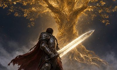 Caballero de fantasía oscura con espadón colosal brillante ante un árbol espectral dorado