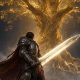 Caballero de fantasía oscura con espadón colosal brillante ante un árbol espectral dorado