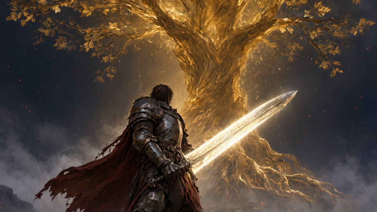 Caballero de fantasía oscura con espadón colosal brillante ante un árbol espectral dorado