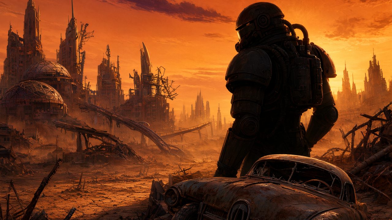 Las mejores builds de Fallout 4: soldado con Power Armor en el Yermo al atardecer