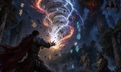 Héroe acorazado canalizando magia elemental de viento, rayo y fuego frente a una criatura colosal en ruinas antiguas