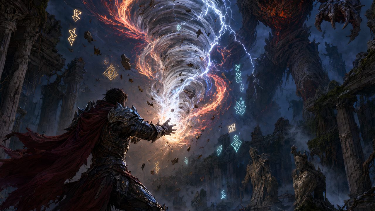Héroe acorazado canalizando magia elemental de viento, rayo y fuego frente a una criatura colosal en ruinas antiguas