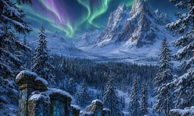 Las mejores builds de Skyrim: paisaje nórdico con aurora boreal y un dragón al fondo