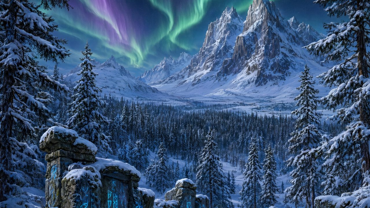 Las mejores builds de Skyrim: paisaje nórdico con aurora boreal y un dragón al fondo