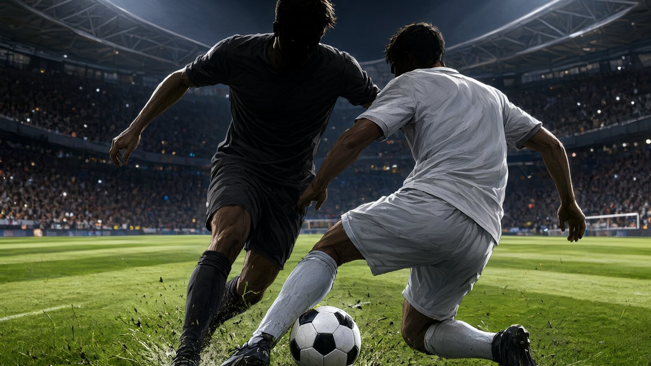 Centrocampistas disputando el balón en un estadio moderno iluminado