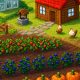 Granja acogedora con hileras de cultivos coloridos, fresas, arándanos y calabazas, invernadero al fondo