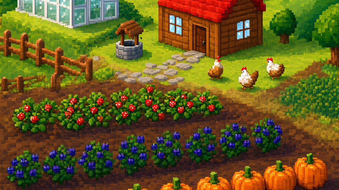 Granja acogedora con hileras de cultivos coloridos, fresas, arándanos y calabazas, invernadero al fondo