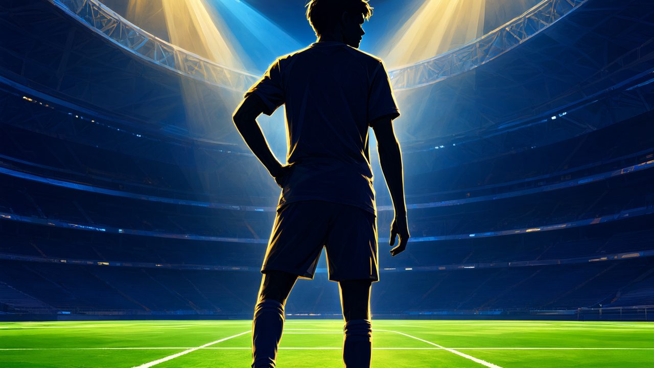 Joven futbolista en un estadio nocturno, wonderkids de EA Sports FC 27