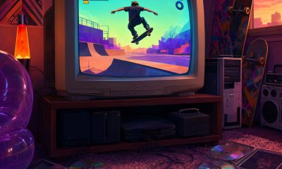 Salón retro de los años 2000 con televisor CRT encendido, consolas clásicas y mandos
