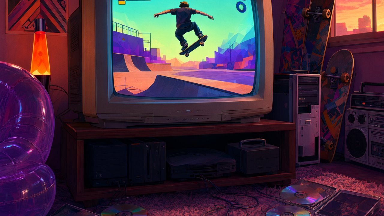Salón retro de los años 2000 con televisor CRT encendido, consolas clásicas y mandos