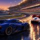 Coches de carreras en un circuito moderno al atardecer