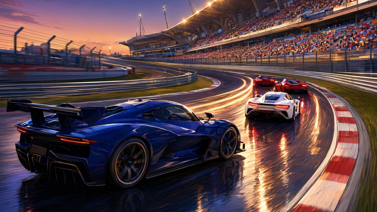 Coches de carreras en un circuito moderno al atardecer