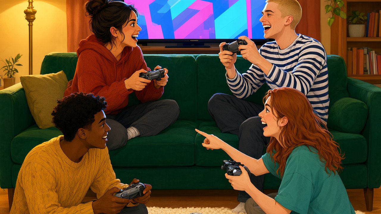 Cuatro amigos jugando juntos a videojuegos cooperativos en un salon