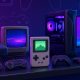 Consolas de sobremesa, portátil y PC de distintas generaciones en una estantería con iluminación neón