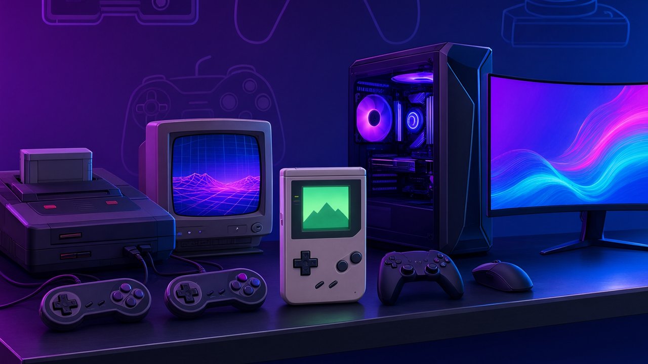 Consolas de sobremesa, portátil y PC de distintas generaciones en una estantería con iluminación neón