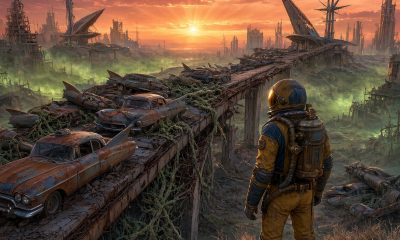 Páramo postapocalíptico al atardecer con skyline en ruinas y figura solitaria con traje de vault