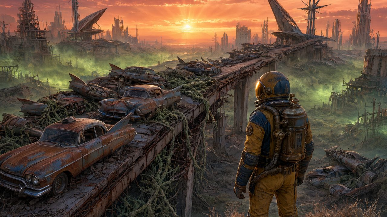Páramo postapocalíptico al atardecer con skyline en ruinas y figura solitaria con traje de vault