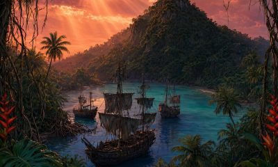 Isla tropical paradisíaca con jungla y torre de radio al atardecer, ilustración del ranking de juegos de Far Cry