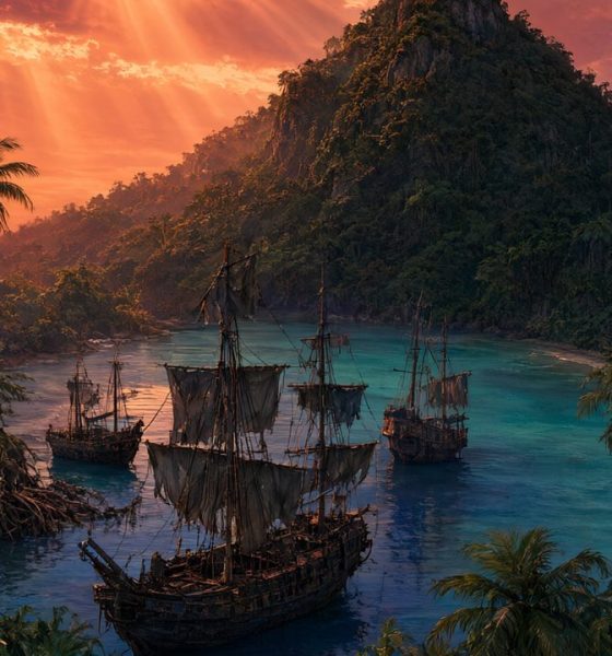 Isla tropical paradisíaca con jungla y torre de radio al atardecer, ilustración del ranking de juegos de Far Cry