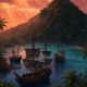 Isla tropical paradisíaca con jungla y torre de radio al atardecer, ilustración del ranking de juegos de Far Cry