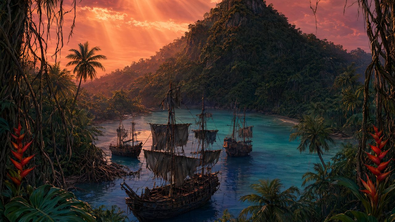 Isla tropical paradisíaca con jungla y torre de radio al atardecer, ilustración del ranking de juegos de Far Cry