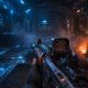 Vista en primera persona de un shooter futurista en un pasillo industrial