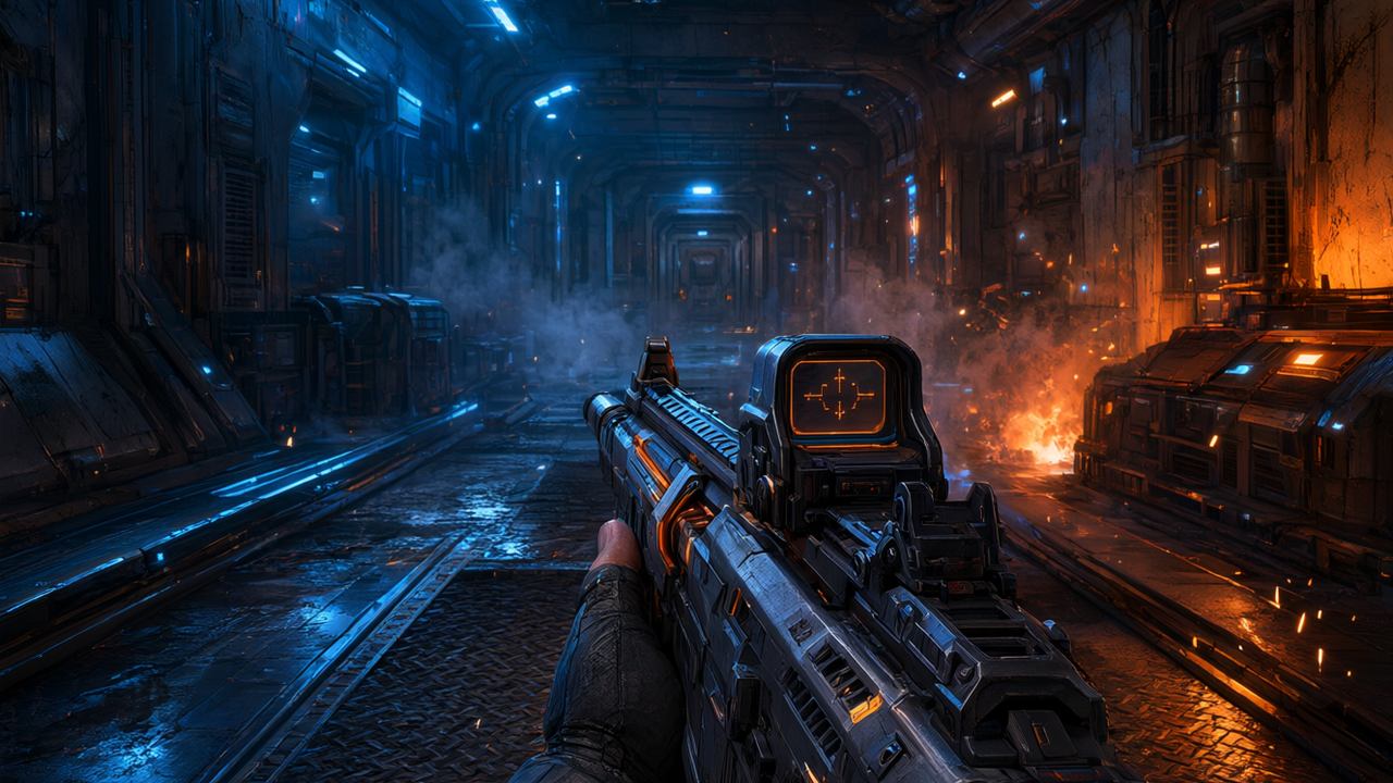 Vista en primera persona de un shooter futurista en un pasillo industrial