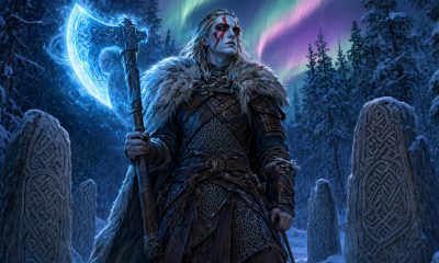 Guerrero nórdico con hacha brillante en un bosque nevado bajo una aurora boreal