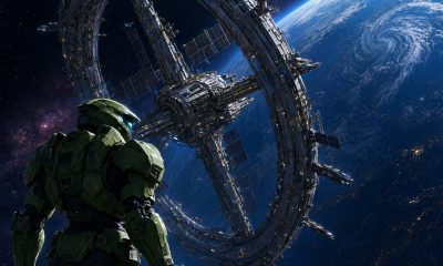 Estación espacial anular gigante sobre un planeta azul con soldado sci-fi en primer plano, ilustración del ranking de juegos de Halo