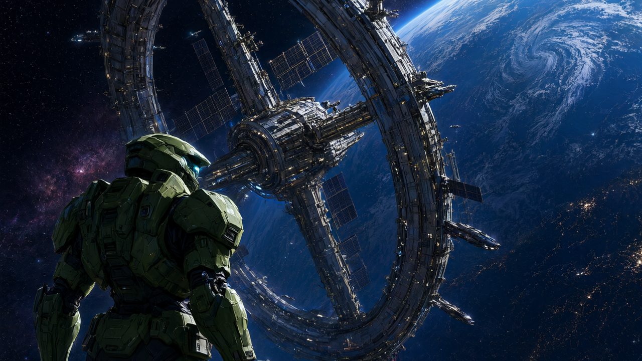 Estación espacial anular gigante sobre un planeta azul con soldado sci-fi en primer plano, ilustración del ranking de juegos de Halo