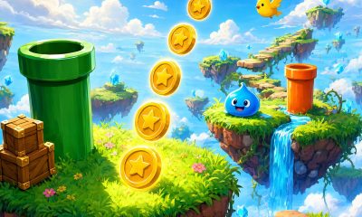 Mundo colorido de plataformas con islas flotantes y monedas doradas bajo cielo azul, ilustración del ranking de juegos de Mario