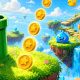 Mundo colorido de plataformas con islas flotantes y monedas doradas bajo cielo azul, ilustración del ranking de juegos de Mario