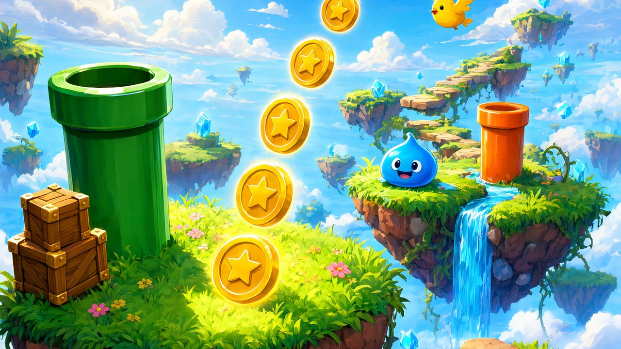Mundo colorido de plataformas con islas flotantes y monedas doradas bajo cielo azul, ilustración del ranking de juegos de Mario