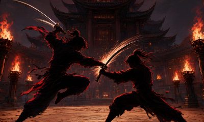 Arena de torneo de artes marciales de noche con dos guerreros enfrentados bajo la luna roja