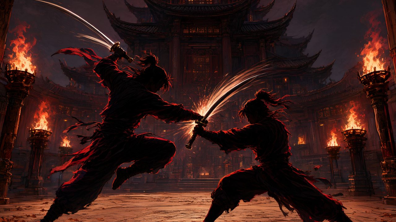 Arena de torneo de artes marciales de noche con dos guerreros enfrentados bajo la luna roja