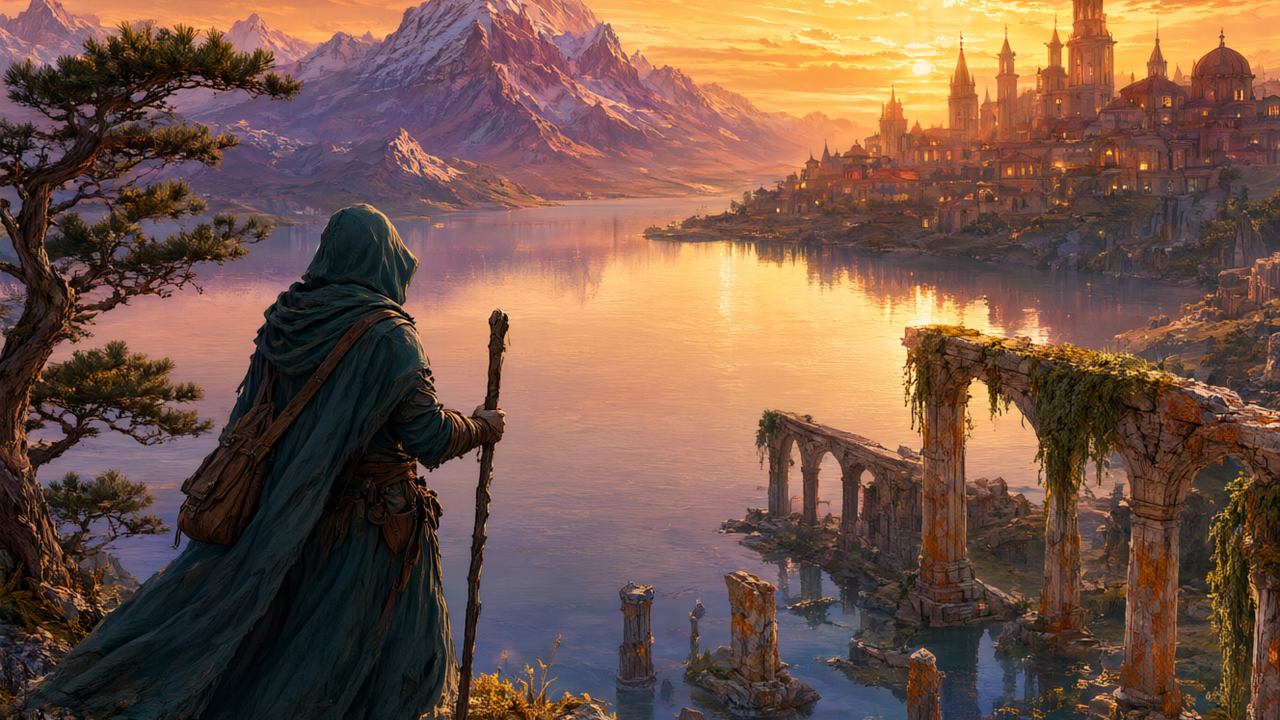 Paisaje epico de mundo abierto con montañas, lago y ciudad lejana al atardecer