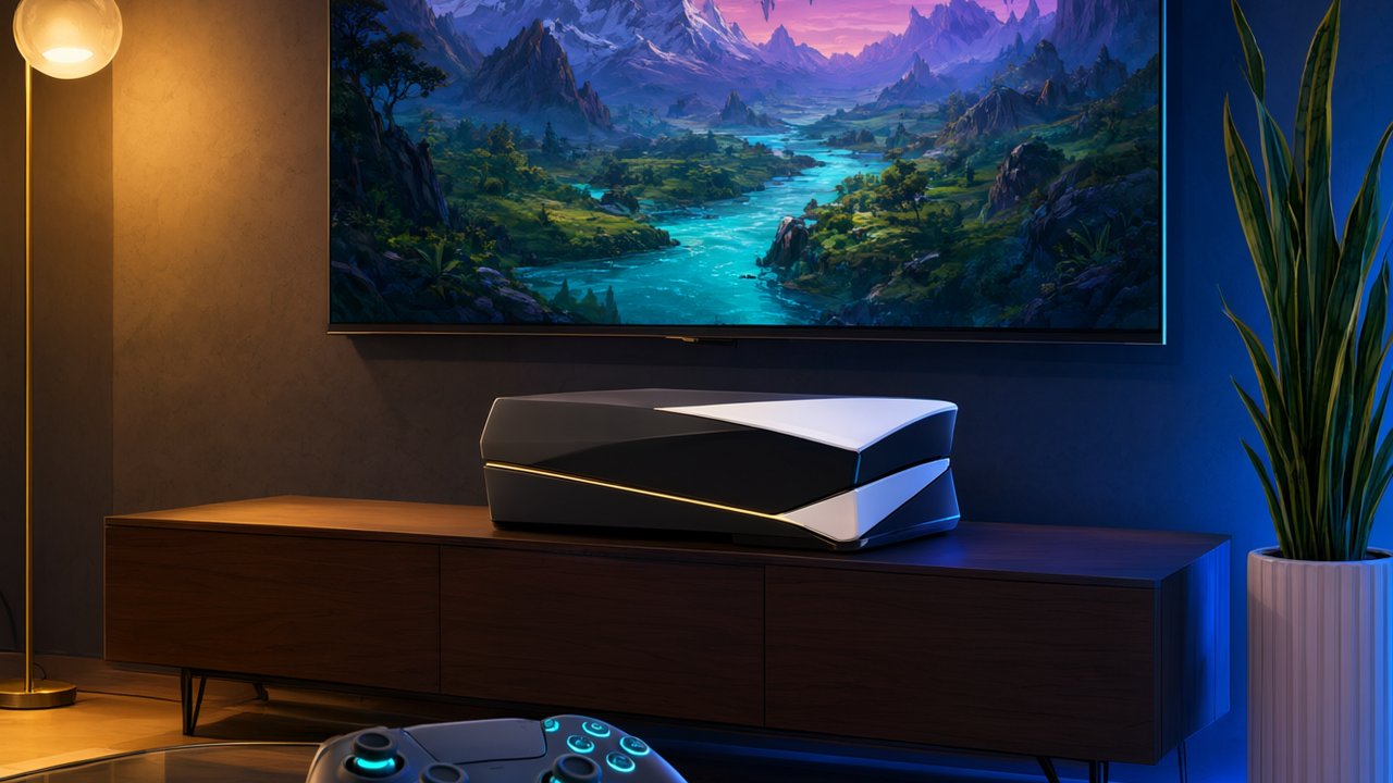 Consola de videojuegos futurista con mando iluminado junto a una television