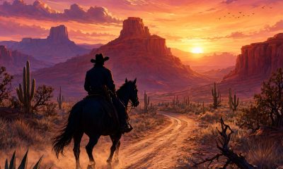 Vaquero a caballo al atardecer en paisaje del Oeste americano, ilustración del ranking de juegos de Red Dead