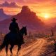 Vaquero a caballo al atardecer en paisaje del Oeste americano, ilustración del ranking de juegos de Red Dead