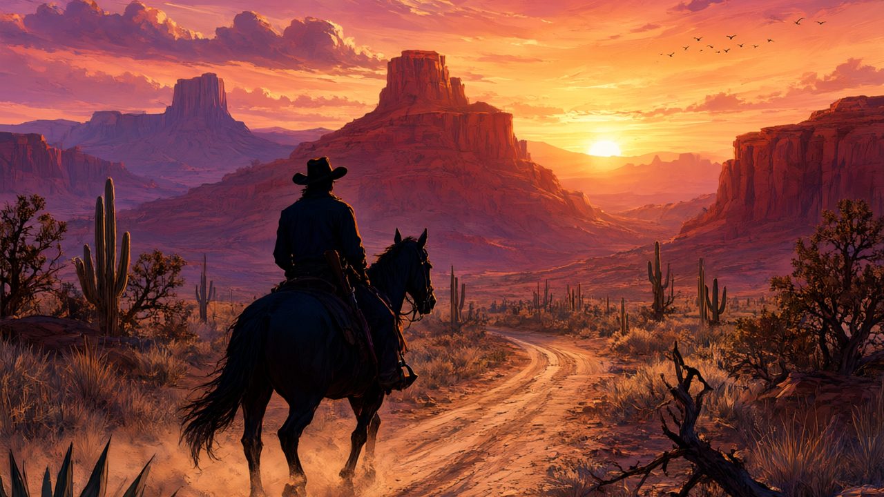 Vaquero a caballo al atardecer en paisaje del Oeste americano, ilustración del ranking de juegos de Red Dead