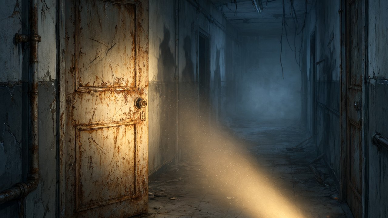 Pasillo oscuro y abandonado con niebla iluminado por una linterna