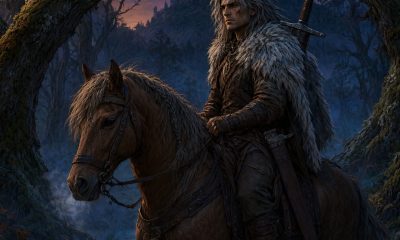 Guerrero solitario a caballo en un bosque de fantasía medieval al anochecer con niebla y castillo al fondo
