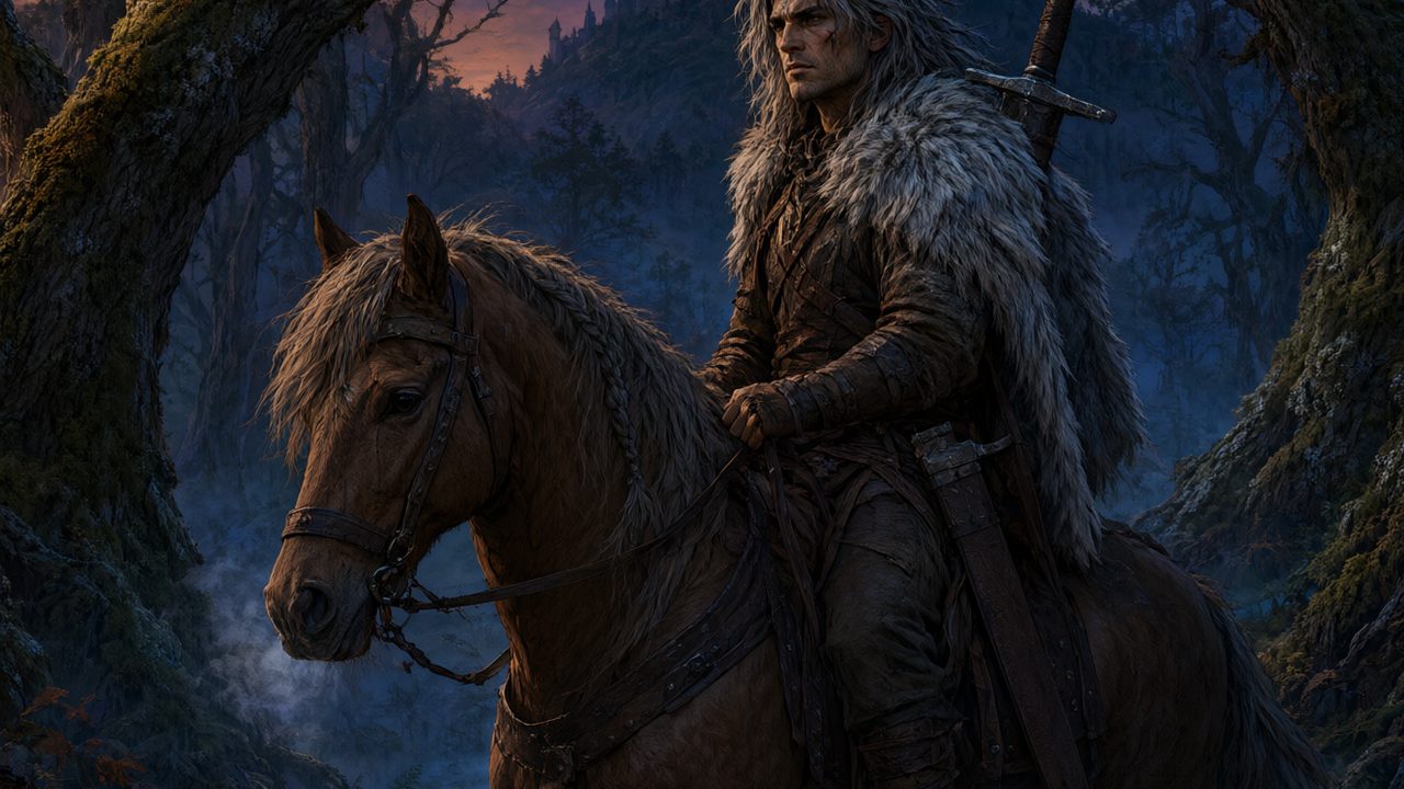 Guerrero solitario a caballo en un bosque de fantasía medieval al anochecer con niebla y castillo al fondo