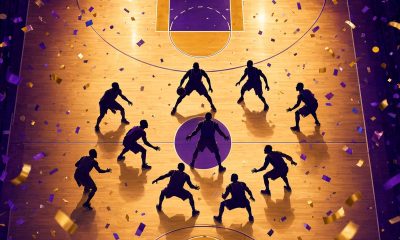 Arena de baloncesto iluminada con siluetas de jugadores, mejores jugadores de NBA 2K27